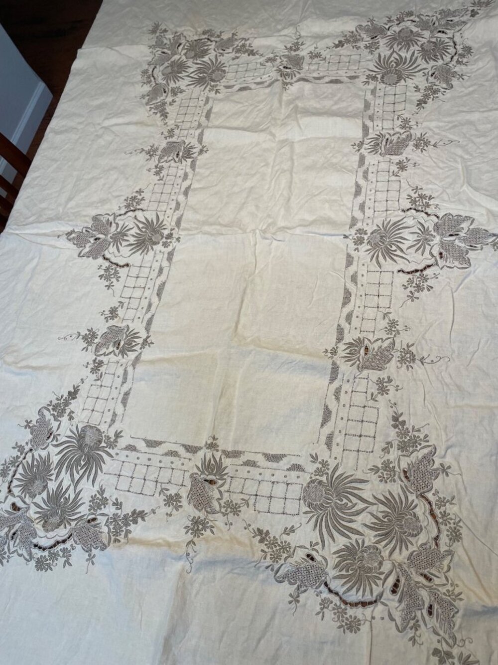 VTG Ivory Tablecloth With “Swatow” (Shantou) & Cutwork 80 x 73 tablecloth